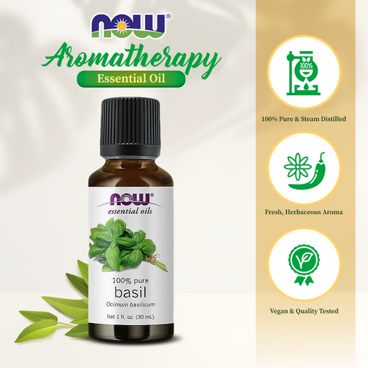 NOW Essential Oils, Basil Oil, Energizing Aromatherapy Scent, Stream Distilled, 100% Pure, Vegan, Child Resistant Cap, 1-Ounce (30ml)