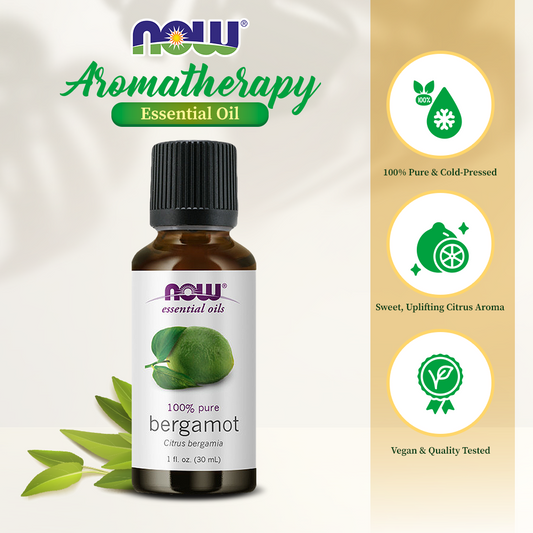NOW Essential Oils, Bergamot Oil, Sweet Aromatherapy Scent, Cold Pressed, 100% Pure, Vegan, Child Resistant Cap, 1-Ounce (30ml)