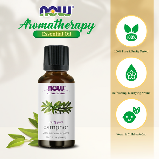 NOW Essential Oils, Camphor Oil, Camphorous Aromatherapy Scent, 100% Pure and Purity Tested, Vegan, Child Resistant Cap, 1-Ounce (30ml)