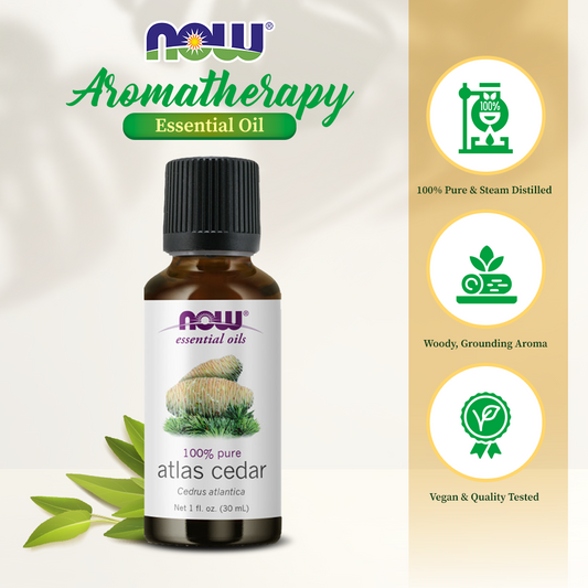 NOW FOODS Essential Oils, Atlas Cedar Oil, Balancing Aromatherapy Scent, Steam Distilled, 100% Pure, Vegan, Child Resistant Cap, 1-Ounce (30 ml)