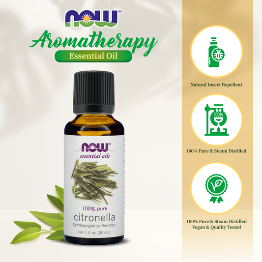 NOW Essential Oils, Citronella Oil, Freshening Aromatherapy Scent, Steam Distilled, 100% Pure, Vegan, Child Resistant Cap, 1-Ounce (30 ml)