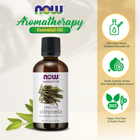 NOW Essential Oils, Citronella Oil, Freshening Aromatherapy Scent, Steam Distilled, 100% Pure, Vegan, Child Resistant Cap, 4-Ounce (118 ml)
