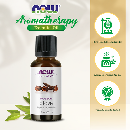 NOW Essential Oils, Clove Oil, Balancing Aromatherapy Scent, Steam Distilled, 100% Pure, Vegan, Child Resistant Cap, 1-Ounce( 30 ml)