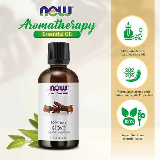 NOW Essential Oils, Clove Oil, Balancing Aromatherapy Scent, Steam Distilled, 100% Pure, Vegan, Child Resistant Cap, 4-Ounce (118 ml)