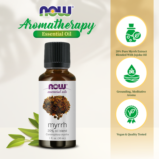NOW Essential Oils, Myrrh Oil Blend, Meditative Aromatherapy Scent, Steam Distilled, 100% Pure, Vegan, Child Resistant Cap, 1-Ounce (30ml)
