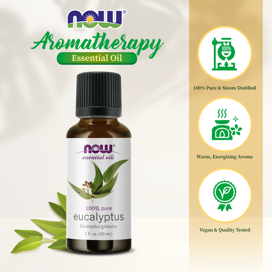 NOW FOODS Essential Oils, Eucalyptus Oil, Clarifying Aromatherapy Scent, Steam Distilled, 100% Pure, Vegan, Child Resistant Cap, 1-Ounce(30 ml)