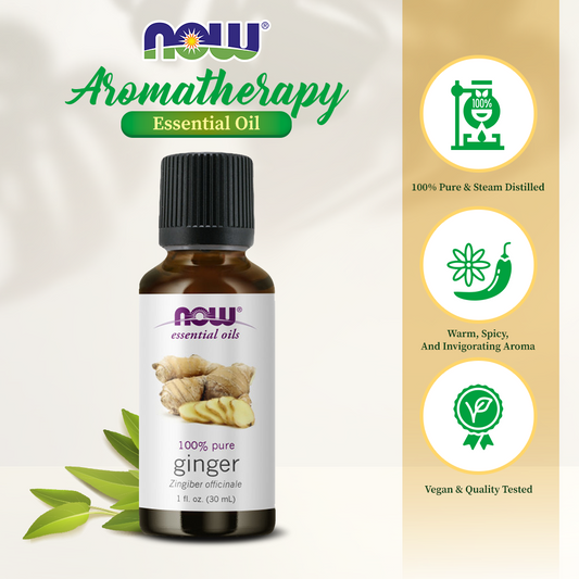 NOW FOODS Essential Oils, Ginger Oil, Spicy Aromatherapy Scent, Steam Distilled, 100% Pure, Vegan, Child Resistant Cap, 1-Ounce (30 ml)