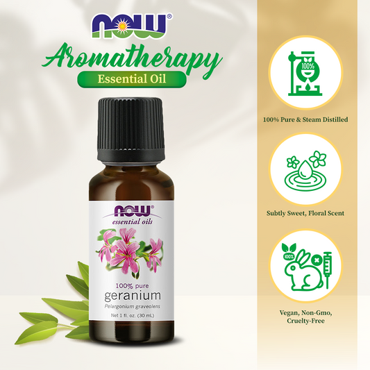 NOW Essential Oils, Geranium Oil, Soothing Aromatherapy Scent, Steam Distilled, 100% Pure, Vegan, Child Resistant Cap, 1-Ounce (30ml)