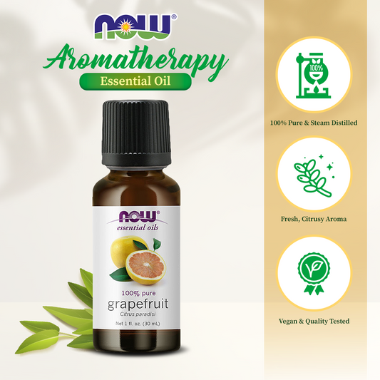 NOW Essential Oils, Grapefruit Oil, Sweet Citrus Aromatherapy Scent, Cold Pressed, 100% Pure, Vegan, Child Resistant Cap, 1-Ounce (30ml)