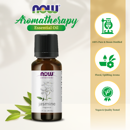 NOW FOODS Essential Oils, Jasmine Fragrance, Romantic Aromatherapy Scent, Steam Distilled, 100% Pure, Vegan, Child Resistant Cap, 1-Ounce (30 ml)