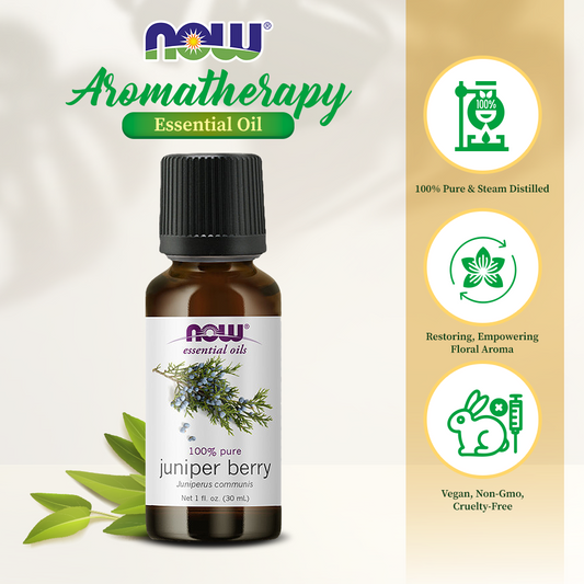 NOW Essential Oils, Juniper Berry Oil, Restoring Aromatherapy Scent, Steam Distilled, 100% Pure, Vegan, Child Resistant Cap, 1-Ounce (30ml)