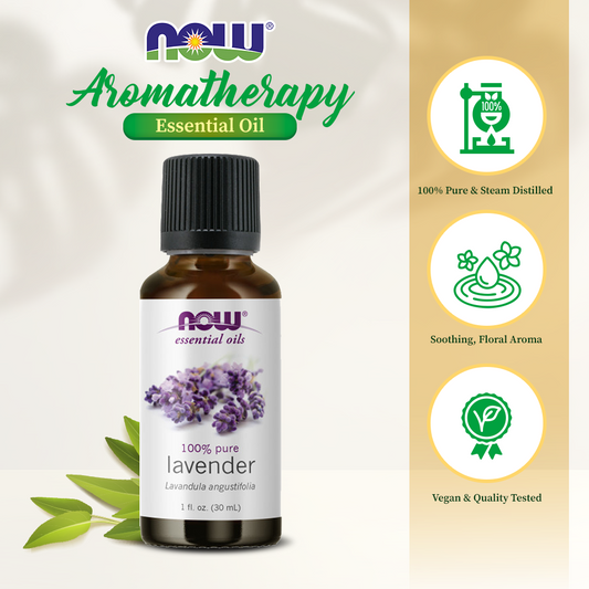 NOW Essential Oils, Lavender Oil, Soothing Aromatherapy Scent, Steam Distilled, 100% Pure, Vegan, Child Resistant Cap, 1-Ounce (30 ml)