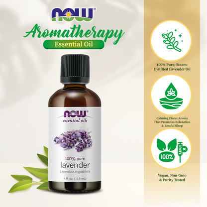 NOW Essential Oils, Lavender Oil, Soothing Aromatherapy Scent, Steam Distilled, 100% Pure, Vegan, 4-Ounce (118 ml)