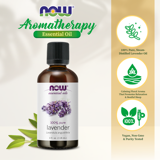 NOW Essential Oils, Lavender Oil, Soothing Aromatherapy Scent, Steam Distilled, 100% Pure, Vegan, 4-Ounce (118 ml)
