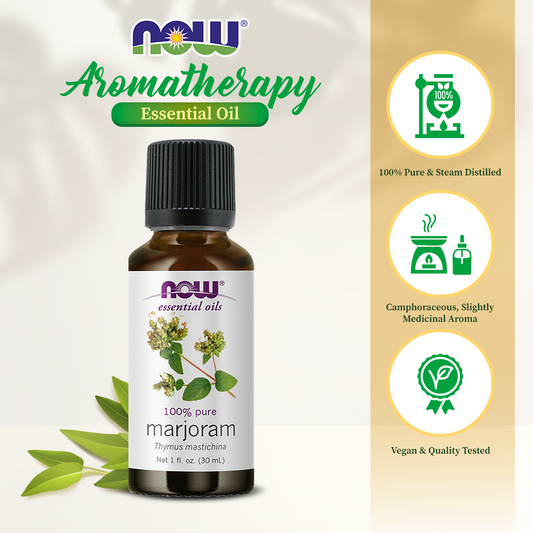 NOW Essential Oils, Marjoram Oil, Normalizing Aromatherapy Scent, Cold Pressed, 100% Pure, Vegan, Child Resistant Cap, 1-Ounce (30ml)