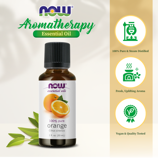NOW FOODS Essential Oils, Orange Oil, Uplifting Aromatherapy Scent, Cold Pressed, 100% Pure, Vegan, Child Resistant Cap, 1-Ounce(30 ml)