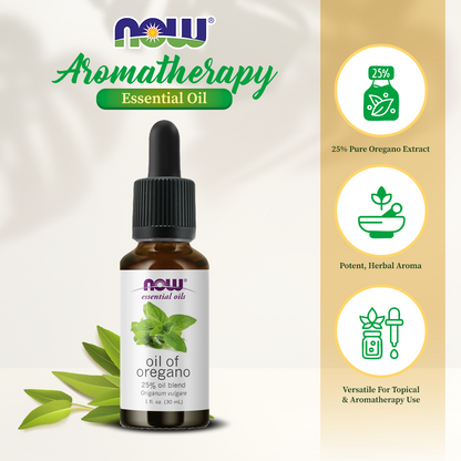 NOW Foods Oil of Oregano, 25% Blend of Pure Oregano Oil in Pure Olive Oil, Comforting Aromatherapy Scent, 1-Ounce (30ml)