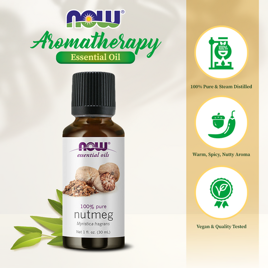 NOW Essential Oils, Nutmeg Oil, Energizing Aromatherapy Scent, Steam Distilled, 100% Pure, Vegan, Child Resistant Cap, 1-Ounce (30ml)