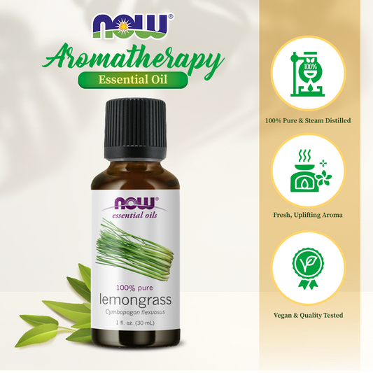 NOW FOODS Essential Oils, Lemongrass Oil, Uplifting Aromatherapy Scent, Steam Distilled, 100% Pure, 1-Ounce (30 ml)