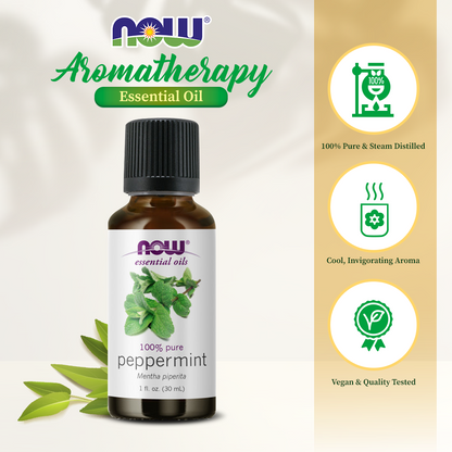 NOW FOODS Essential Oils, Peppermint Oil, Invigorating Aromatherapy Scent, Steam Distilled, 100% Pure, Vegan, Child Resistant Cap, 1-Ounce (30 ml)