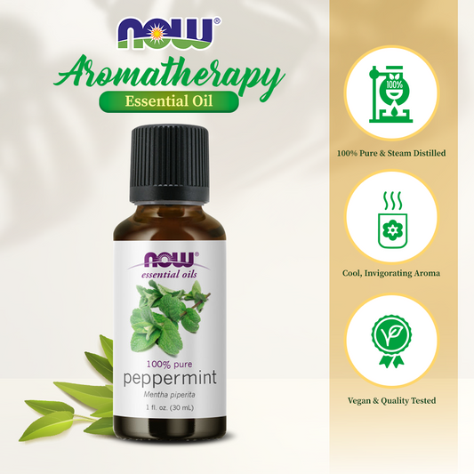 NOW FOODS Essential Oils, Peppermint Oil, Invigorating Aromatherapy Scent, Steam Distilled, 100% Pure, Vegan, Child Resistant Cap, 1-Ounce (30 ml)