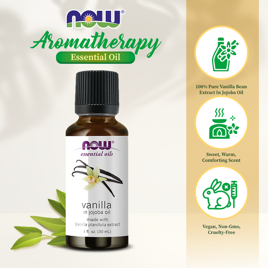 NOW Essential Oils, Vanilla Oil, Blend of Pure Vanilla Bean Extract in Pure Jojoba Oil, Sweet Aromatherapy Scent, Vegan, Child Resistant Cap, 1-Ounce (30ml)