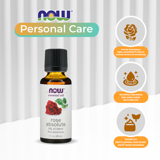 NOW Essential Oils, Rose Absolute, 5% Blend of Pure Rose Absolute Oil in Pure Jojoba Oil, Romantic Aromatherapy Scent, Vegan, Child Resistant Cap, 1-Ounce (30 ml)