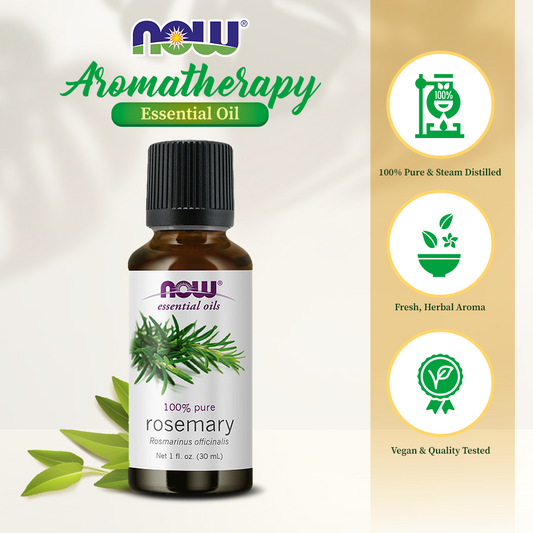 NOW FOODS Essential Oils, Rosemary Oil, Purifying Aromatherapy Scent, Steam Distilled, 100% Pure, Vegan, Child Resistant Cap, 1-Ounce (30 ml)