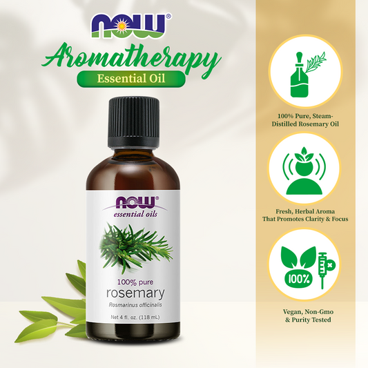 NOW Essential Oils, Rosemary Oil, Purifying Aromatherapy Scent, Steam Distilled, 100% Pure, Vegan, Child Resistant Cap, 4-Ounce (118 ml)