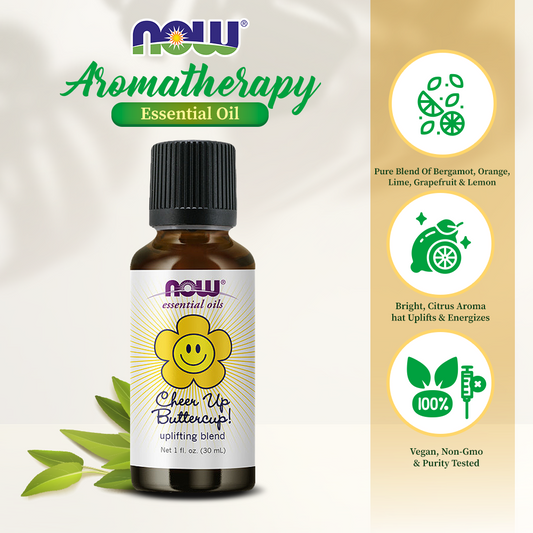 NOW Essential Oils, Cheer Up Buttercup Oil Blend, Uplifting Aromatherapy Scent, Blend Pure Citrus Essential Oils, Vegan, Child Resistant Cap, 1-Ounce (30ml)