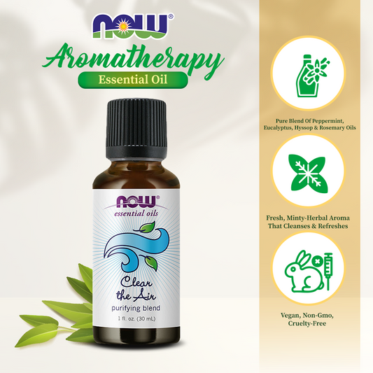 NOW Essential Oils, Clear the Air Oil Blend, Purifying Aromatherapy Scent, Blend of Pure Essential Oils, Steam Distilled, Vegan, Child Resistant Cap, 1-Ounce (30ml)