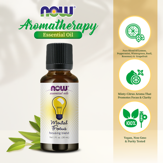 NOW Essential Oils, Mental Focus Oil Blend, Centering Aromatherapy Scent, Blend of Pure Essential Oils, Vegan, Child Resistant Cap, 1-Ounce (30ml)