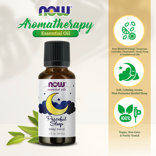 NOW Essential Oils, Peaceful Sleep Oil Blend, Relaxing Aromatherapy Scent, Blend of Pure Essential Oils, Vegan, Child Resistant Cap, 1-Ounce (30ml)