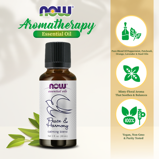 NOW Essential Oils, Peace & Harmony Oil Blend, Calming Aromatherapy Scent, Blend of Pure Essential Oils, Vegan, Child Resistant Cap, 1-Ounce (30ml)