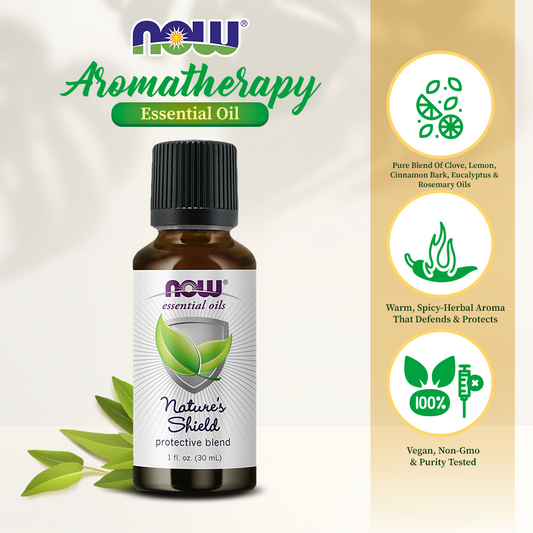 NOW Essential Oils, Nature's Shield, Energizing Aromatherapy Scent, Blend of Pure Essential Oils, Vegan, Child Resistant Cap, 1-Ounce (30ml)