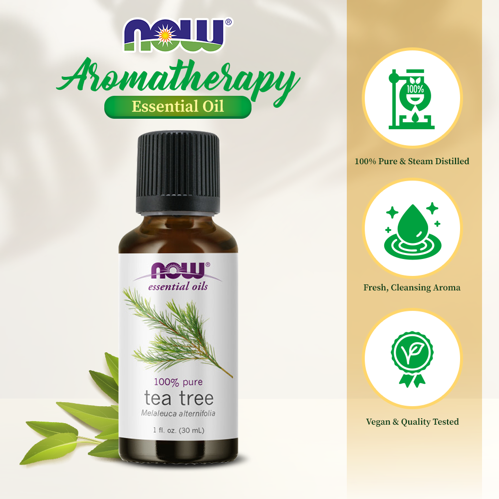NOW Essential Oils, Tea Tree Oil, Cleansing Aromatherapy Scent, Steam Distilled, 100% Pure, Vegan, Child Resistant Cap, 1-Ounce (30ml)