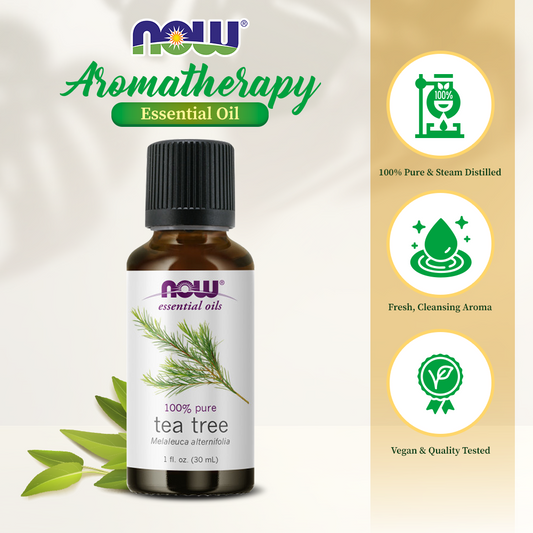 NOW Essential Oils, Tea Tree Oil, Cleansing Aromatherapy Scent, Steam Distilled, 100% Pure, Vegan, Child Resistant Cap, 1-Ounce (30ml)