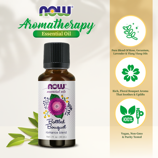 NOW Essential Oils, Bottled Bouquet Oil Blend, Floral Aromatherapy Scent, Blend of Pure Essential Oils, Vegan, Child Resistant Cap, 1-Ounce (30ml)