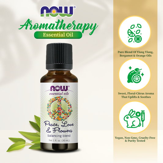NOW Essential Oils, Peace, Love and Flowers, Sweet Floral Aromatherapy Scent, Blend of Pure Essential Oils, Vegan, Child Resistant Cap, 1-Ounce (30ml)