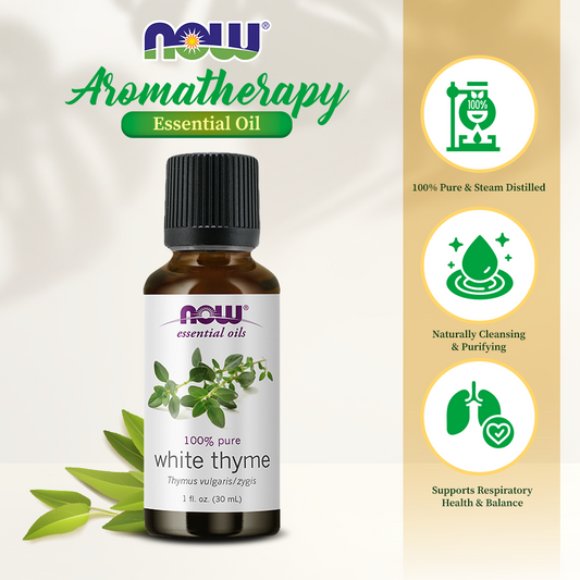 NOW Essential Oils, White Thyme Oil, Empowering Aromatherapy Scent, Steam Distilled, 100% Pure, Vegan, Child Resistant Cap, 1-Ounce (30ml)