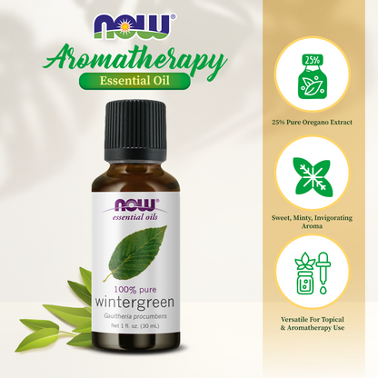 NOW Essential Oils, Wintergreen Oil, Stimulating Aromatherapy Scent, Steam Distilled, 100% Pure, Vegan, Child Resistant Cap, 1-Ounce (30ml)