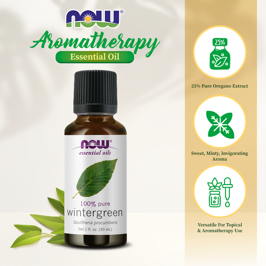 NOW Essential Oils, Wintergreen Oil, Stimulating Aromatherapy Scent, Steam Distilled, 100% Pure, Vegan, Child Resistant Cap, 1-Ounce (30ml)