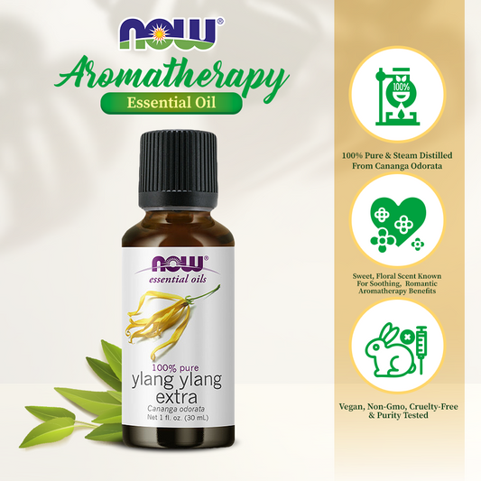 NOW Essential Oils, Ylang Ylang Extra Oil, Comforting Aromatherapy Scent, Steam Distilled, 100% Pure, Vegan, Child Resistant Cap, 1-Ounce (30ml)
