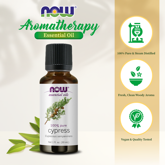 NOW Essential Oils, Cypress Oil, Balancing Aromatherapy Scent, Steam Distilled, 100% Pure, Vegan, Child Resistant Cap, 1-Ounce (30ml)