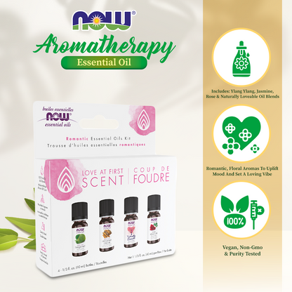 NOW Essential Oils, Love at First Scent Aromatherapy Kit, 4x10ml Including: Bergamot, Cinnamon Cassia, Rose Absolute and our Naturally Loveable Essential Oil Blend With Child Resistant Caps