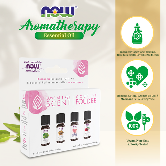 NOW Essential Oils, Love at First Scent Aromatherapy Kit, 4x10ml Including: Bergamot, Cinnamon Cassia, Rose Absolute and our Naturally Loveable Essential Oil Blend With Child Resistant Caps