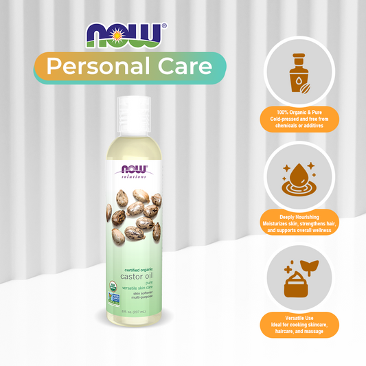 NOW Solutions, Organic Castor Oil, 100% Pure Versatile Skin Care, Multi-Purpose Skin Softener, 8-Ounce (237 ml)