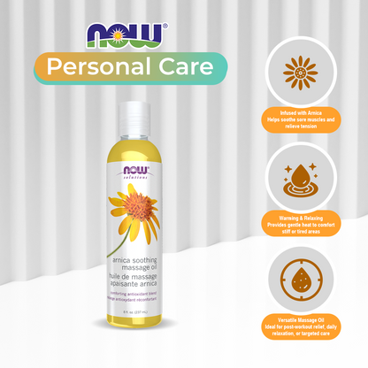 NOW Solutions, Arnica Relief Massage Oil, Therapeutic and Soothing on Sore, Achy Muscles, 8-Ounce (237 ml)