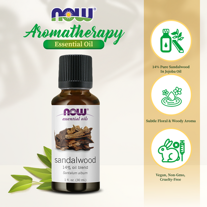 NOW Essential Oils, Sandalwood Oil, 14% Blend of Pure Sandalwood Oil in Pure Jojoba Oil, Grounding Essential Aromatherapy, 1-Ounce (30ml)