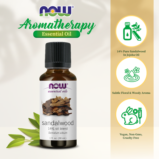 NOW Essential Oils, Sandalwood Oil, 14% Blend of Pure Sandalwood Oil in Pure Jojoba Oil, Grounding Essential Aromatherapy, 1-Ounce (30ml)